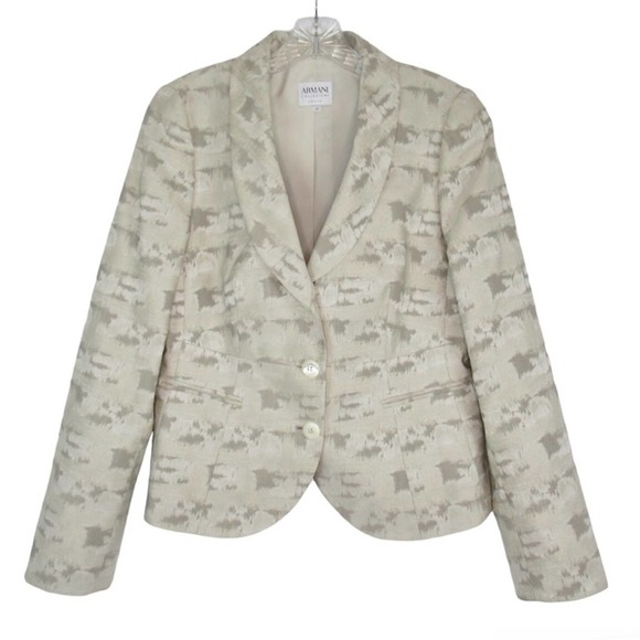 ARMANI COLLEZIONI Textured Jacquard Button Front Blazer Eggshell & Taupe Size 10 - Picture 1 of 11